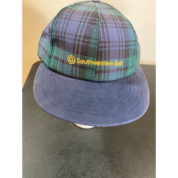 Vintage Southwestern Bell Telephone Cap Hat Blue/Green Plaid USA Trucker Gold - Picture 7 of 8